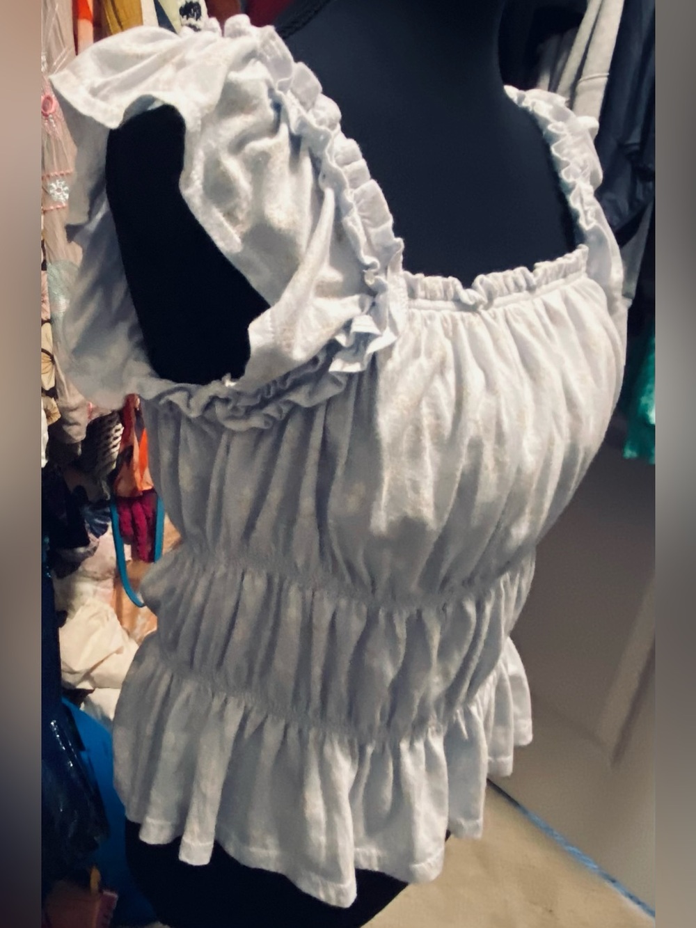 Melrose and Market Light Blue Ruffle Tiered Top with White Flowers Cotton New